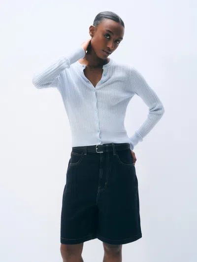 White + Warren White & Warren Cashmere Linen Fine Cable Cardigan Sweater In Pastel Blue