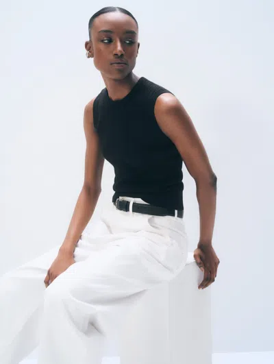 White + Warren White & Warren Cashmere Linen Fine Cable Shell Tank Top In Black