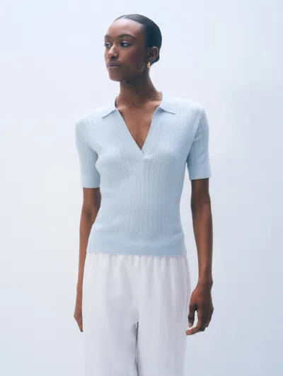 White + Warren White & Warren Cashmere Linen Pointelle Polo Sweater In Blue