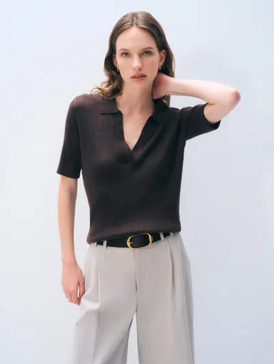 White + Warren White & Warren Cashmere Linen Pointelle Polo Sweater In Dark Espresso In Brown