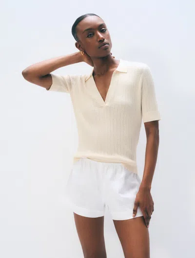 White + Warren White & Warren Cashmere Linen Pointelle Polo Sweater In Ivory