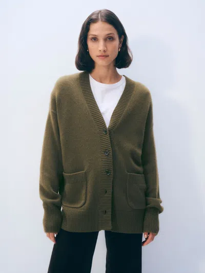 White + Warren White & Warren Cashmere Luxe Pocket Cardigan Sweater In Deep Olive