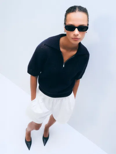 White + Warren White & Warren Cashmere Mesh Polo Sweater In Navy In Blue