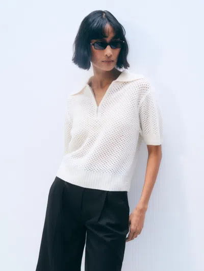 White + Warren Mesh-knit Polo Shirt In White