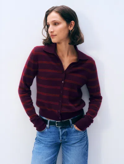 White + Warren White & Warren Cashmere Striped Cardigan Sweater In Red