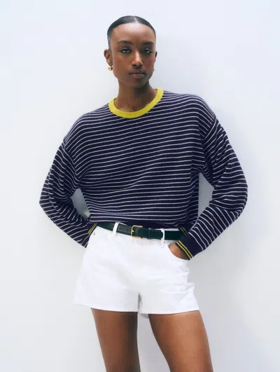 White + Warren White & Warren Cashmere Striped Crewneck Top In Deep Navy Blue/soft White/citronelle In Deep Navy Bl