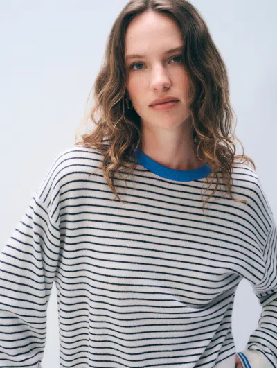 White + Warren White & Warren Cashmere Striped Crewneck Top In Soft White/deep Navy Blue/bright Azure In Soft White