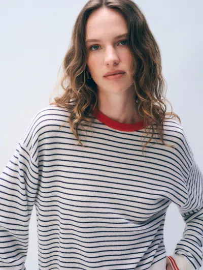 White + Warren White & Warren Cashmere Striped Crewneck Top In Soft White/deep Navy Blue/red In Soft White/deep Nav In Multi