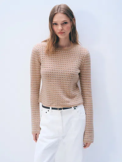 White + Warren White & Warren Cashmere Striped Pointelle Top In Muted Camel