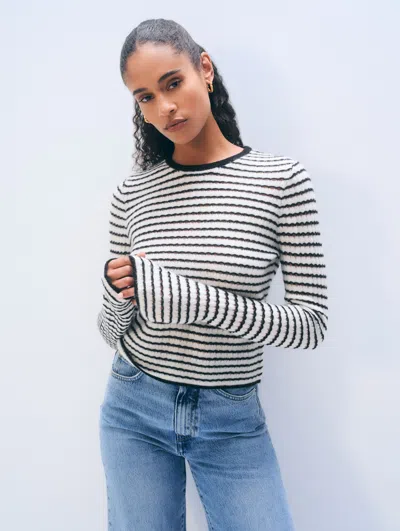 White + Warren White & Warren Cashmere Striped Pointelle Top In Soft White/black In Soft White/black In Multi