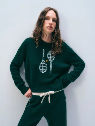 White + Warren White & Warren Cashmere Tennis Embroidered Sweatshirt In Dark Emerald Combo