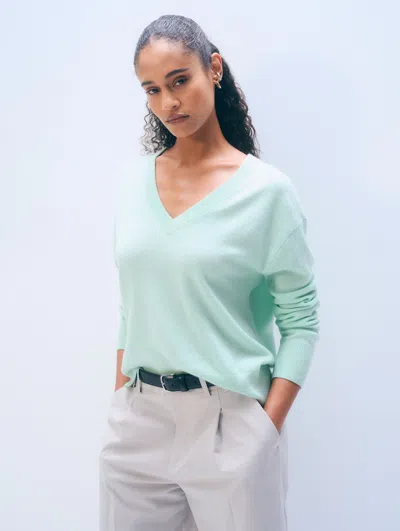 White + Warren White & Warren Cashmere V Neck Sweater In Light Aqua In Blue