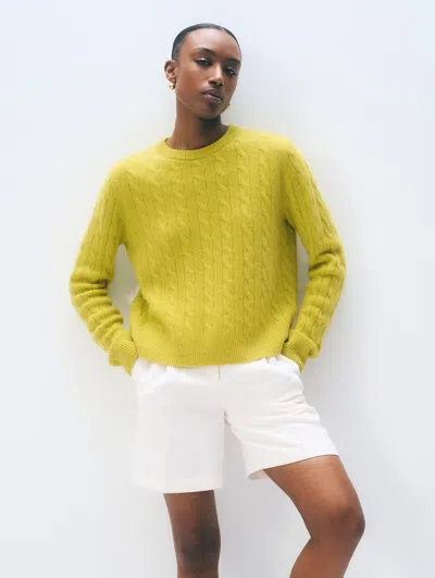 White + Warren White & Warren Cashmere Varsity Cable Crewneck Top In Citronelle In Yellow