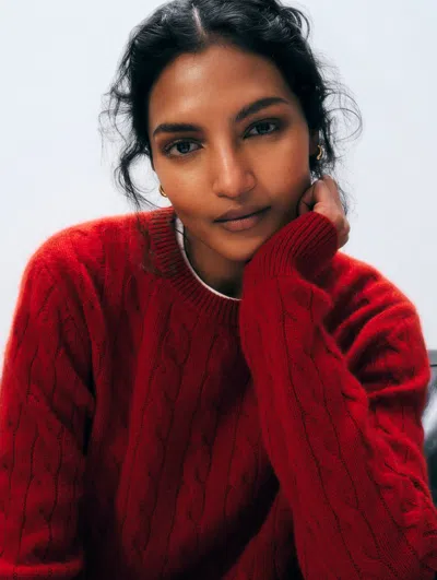 White + Warren White & Warren Cashmere Varsity Cable Crewneck Top In Garnet Red