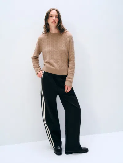 White + Warren White & Warren Cashmere Varsity Cable Crewneck Top In Muted Camel