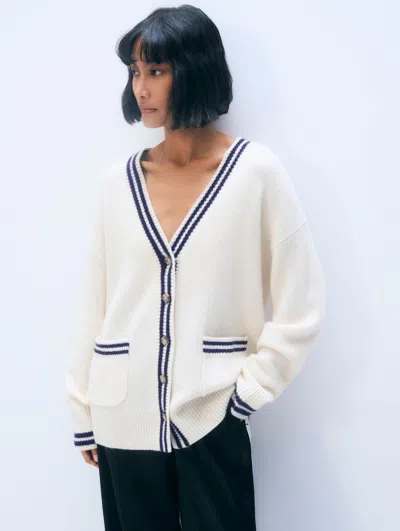 White + Warren White & Warren Cashmere Varsity Cardigan Sweater In Soft White/navy In Soft White/navy