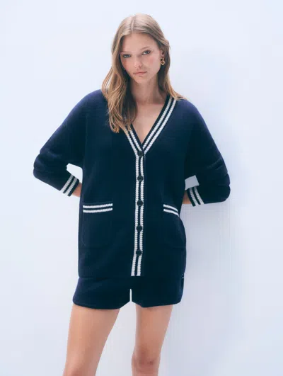 White + Warren White & Warren Cashmere Varsity Cardigan Sweater In White In Blue