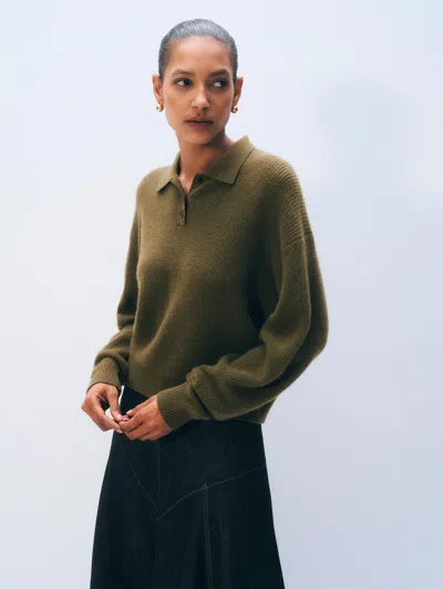 White + Warren White & Warren Cashmere Waffle Polo Sweater In Deep Olive