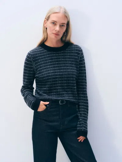 White + Warren White & Warren Cashmere Waffle Stripe Crewneck Top In Navy