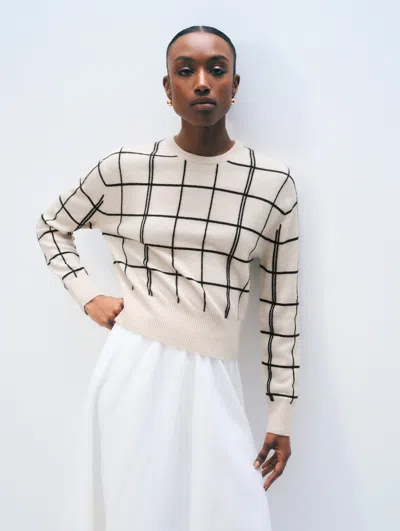 White + Warren White & Warren Cashmere Windowpane Crewneck Top In Natural Heather/black