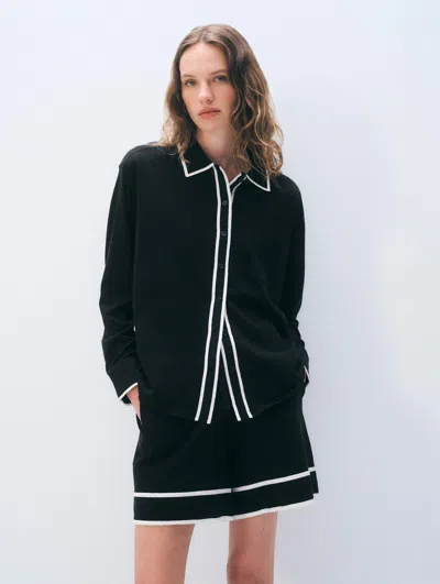 White + Warren White & Warren Linen Blend Shirt Sweater In Black/white In Black/white