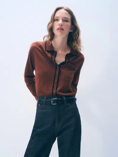 White + Warren White & Warren Linen Blend Shirt Sweater In Redwood Brown/black