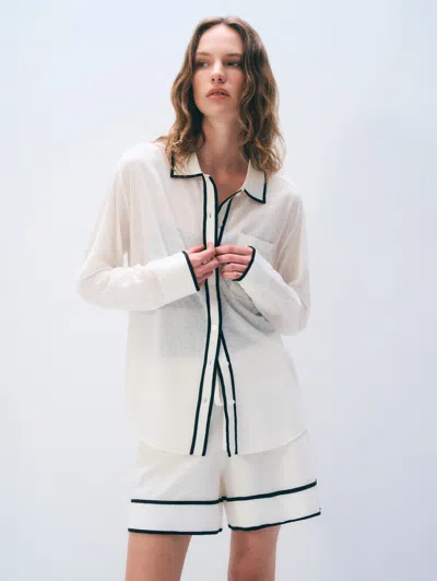 White + Warren White & Warren Linen Blend Shirt Sweater In White/black In White/black