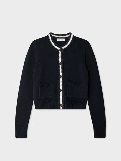 White + Warren White & Warren Lofty Cotton Crochet Trim Cardigan Sweater In Deep Navy Blue/ivory In Black