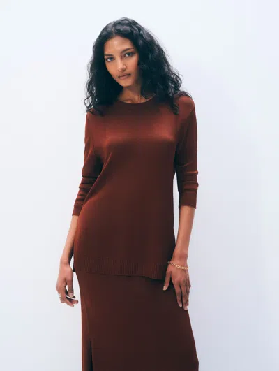 White + Warren White & Warren Luster Viscose Long Sleeve Crewneck Top In Rich Brown