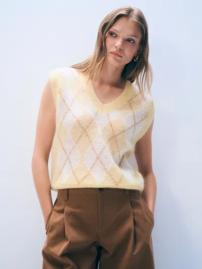 White + Warren White & Warren Mohair Luxe Argyle Vest Sweater In Lemonade Combo