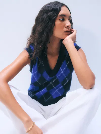 White + Warren White & Warren Mohair Luxe Argyle Vest Sweater In Navy