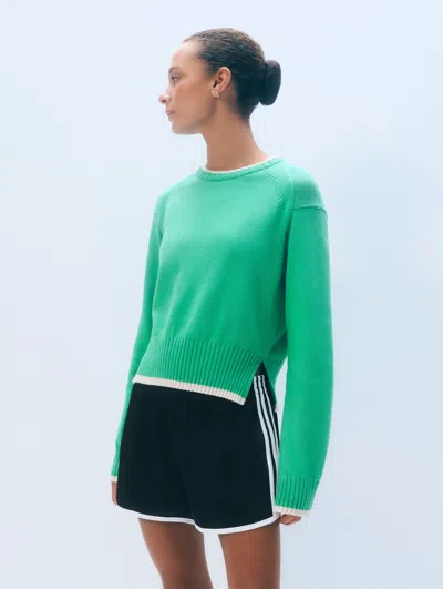 White + Warren White & Warren Varsity Cotton Crewneck Top In Green