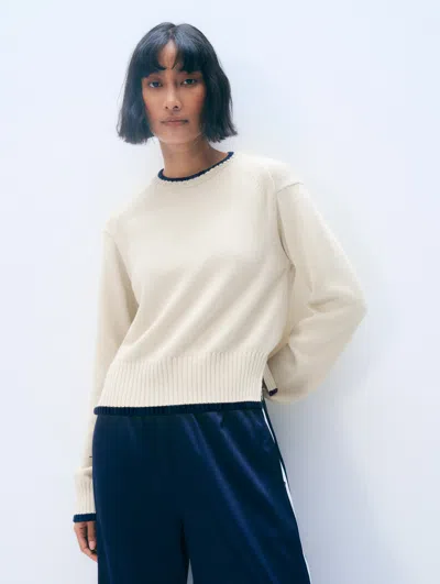 White + Warren White & Warren Varsity Cotton Crewneck Top In Navy