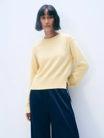 White + Warren White & Warren Varsity Cotton Crewneck Top In Pale Marigold/ivory
