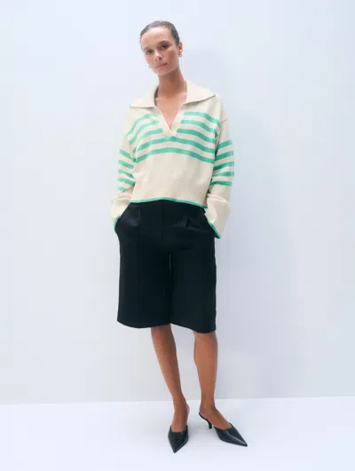 White + Warren White & Warren Varsity Cotton Stripe Polo Sweater In Green