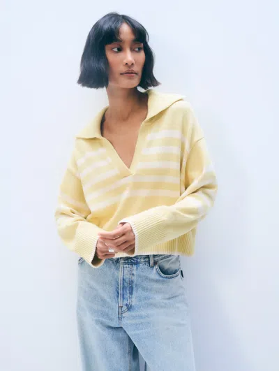White + Warren White & Warren Varsity Cotton Stripe Polo Sweater In Pale Marigold/ivory