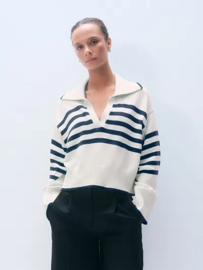 White + Warren White & Warren Varsity Cotton Striped Polo Sweater In Navy
