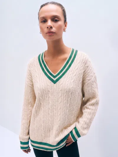 White + Warren White & Warren Varsity Cotton V Neck Sweater In Green