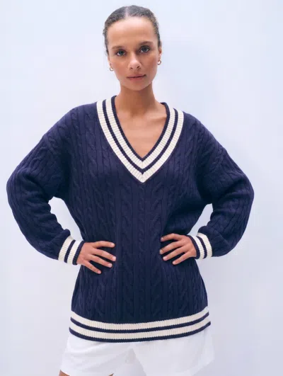 White + Warren White & Warren Varsity Cotton V Neck Sweater In Navy/ivory In Multi