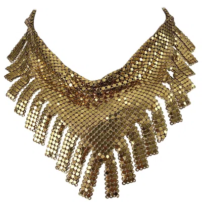 Pre-owned Whiting & Davis 1970s  Gold Chainmail Metal Fringed Vintage 70s Bib Necklace In Brown