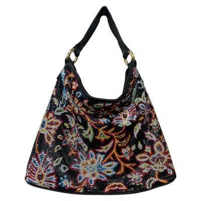 Pre-owned Whiting & Davis Black Floral Print Metal Mesh Shoulder Bag W/ Black Leather Trim