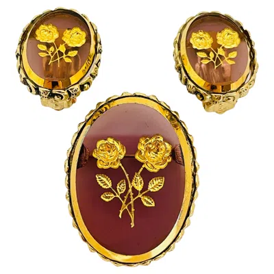 Pre-owned Whiting & Davis Signed Gold Glass Designer Clip On Earrings Brooch Set In Multi