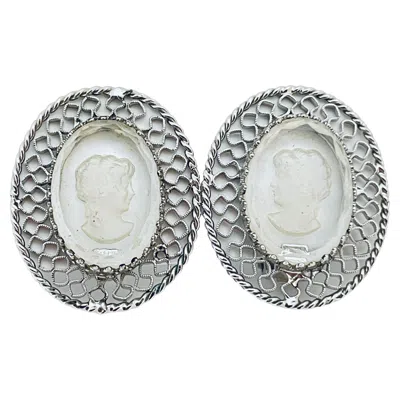 Pre-owned Whiting & Davis Signed Silver Carved Cameo Glass Designer Clip On Earrings In Multi