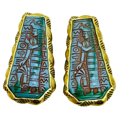 Pre-owned Whiting & Davis Signed Vintage Egyptian Pharaoh Glass Designer Clip On Earrings In Multi