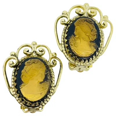 Pre-owned Whiting & Davis Signed Vintage Gold Tone Cameo Glass Designer Clip Earrings In Multi