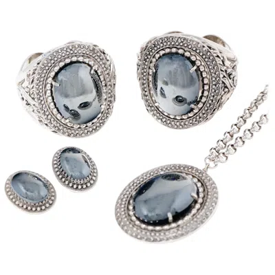 Pre-owned Whiting & Davis Vintage  Hematite Clamper Cuffs, Necklace & Earrings Set, Signed In Gray