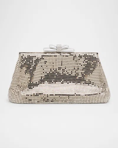 Whiting & Davis Blake Bow Mesh Brass Clutch Bag In Pewter