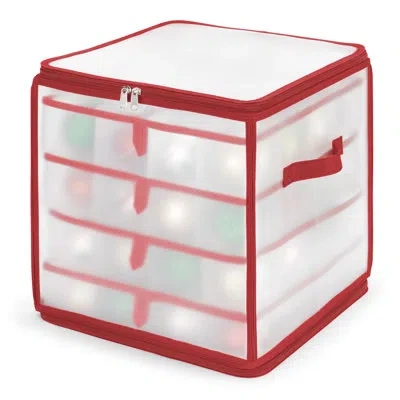 Whitmor Christmas Ornament Cube With 64 Compartments With Removable Trays - Frosty W/red Trim