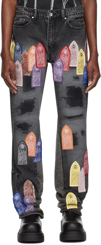 Who Decides War Black Patch Arched Repaired Distressed Jeans In Coal