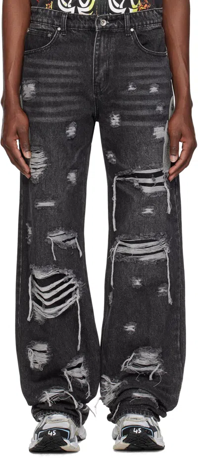 Who Decides War Black Side Patch Relaxation Jeans In Vintage Grey